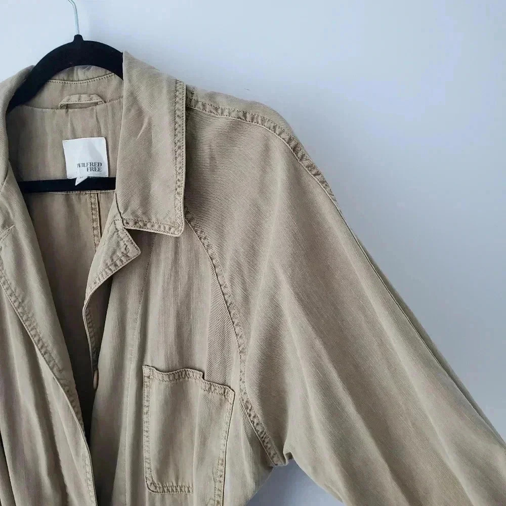 Aritzia Wilfred Lyocell Cotton Trench Coat Tan Belted Lightweight Minimalist - Picture 10 of 13